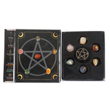 The Witches Guide to Crystals gift set with six unique tumblestones and a velvet bag for crystal healing and divination.
