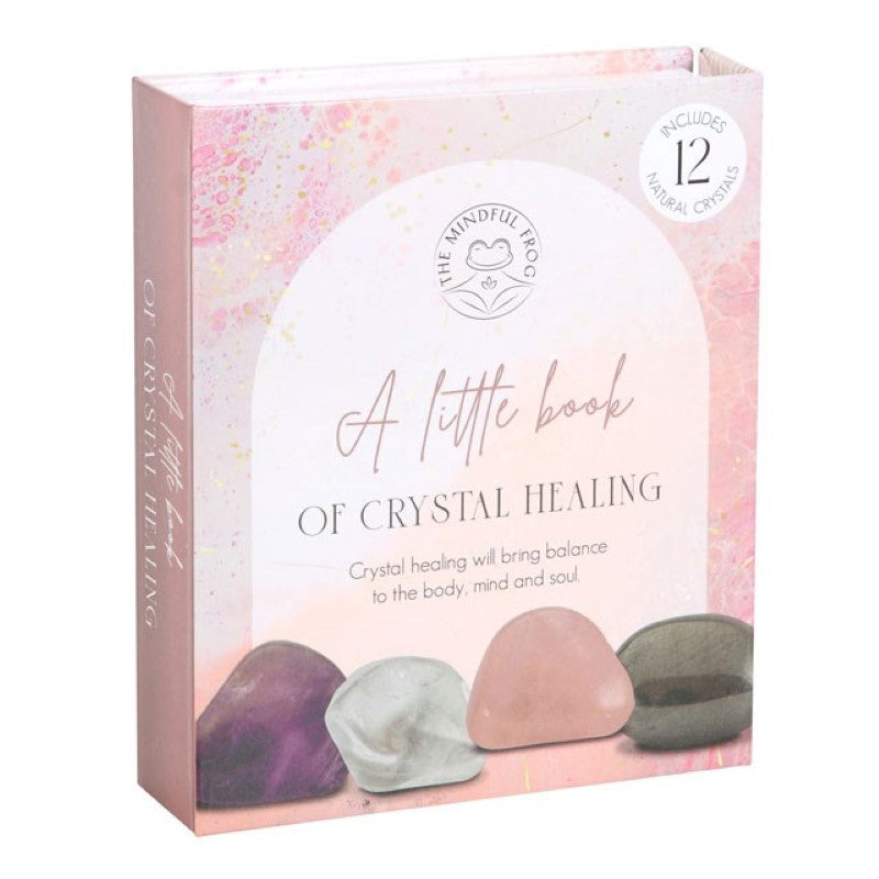 Crystal healing gift set featuring 12 tumblestones in a decorative box with a drawstring bag, perfect for beginners.