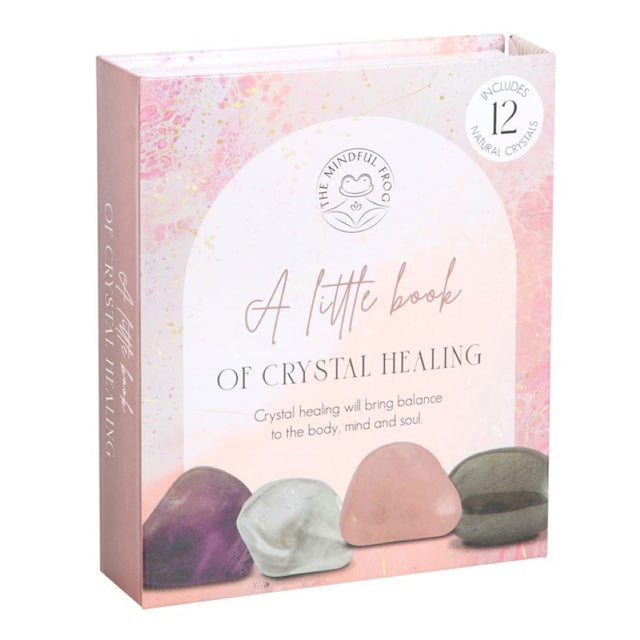 Crystal healing gift set featuring 12 tumblestones in a decorative box with a drawstring bag, perfect for beginners.