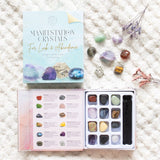 Crystal healing gift set featuring 12 tumblestones for beginners, beautifully packaged with an informational guide and storage bag.