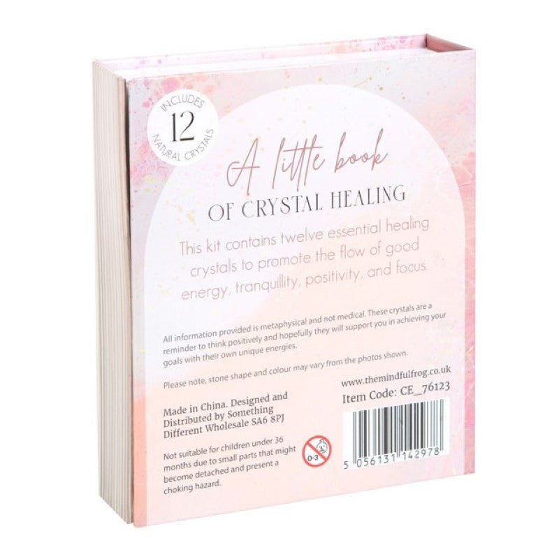 Gift set featuring 12 unique tumblestones for crystal healing, including rose quartz and amethyst, in an elegant box.