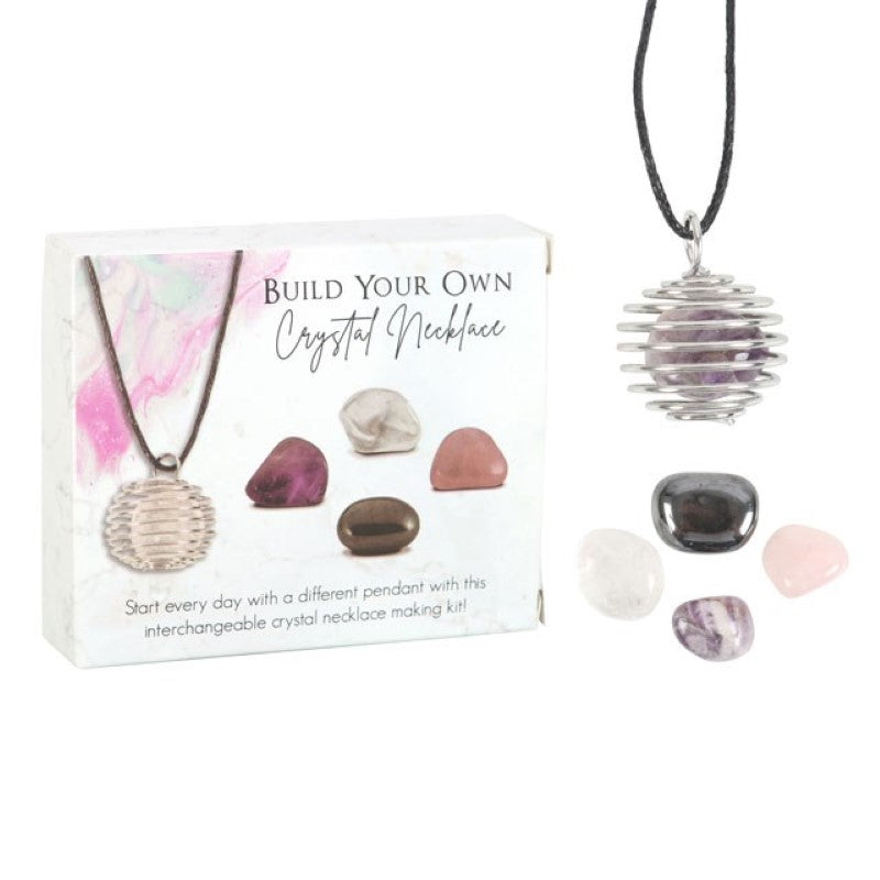 Build your own crystal necklace kit with four unique tumblestones and a nickel-free spiral cage for easy style swaps.