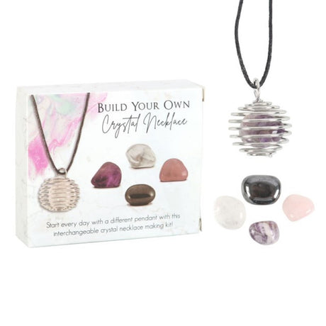 Build your own crystal necklace kit with four unique tumblestones and a nickel-free spiral cage for easy style swaps.