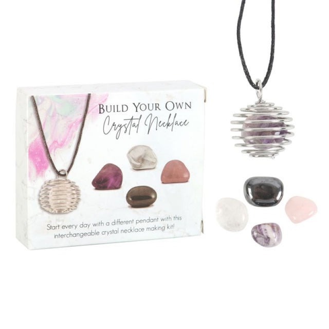 Build your own crystal necklace kit with four unique tumblestones and a nickel-free spiral cage for easy style swaps.