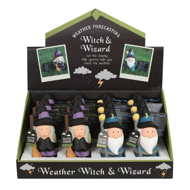 Pack of 12 whimsical weather forecasting gnomes with humorous signs, perfect for garden decor and weather awareness.