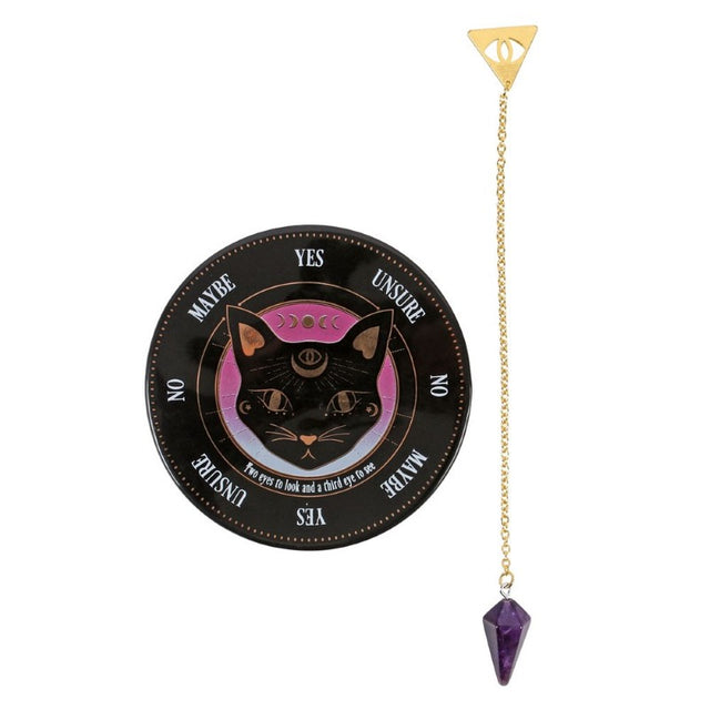 Amethyst crystal pendulum and divination board set for intuitive guidance and spiritual insights. Perfect for mystical home decor.