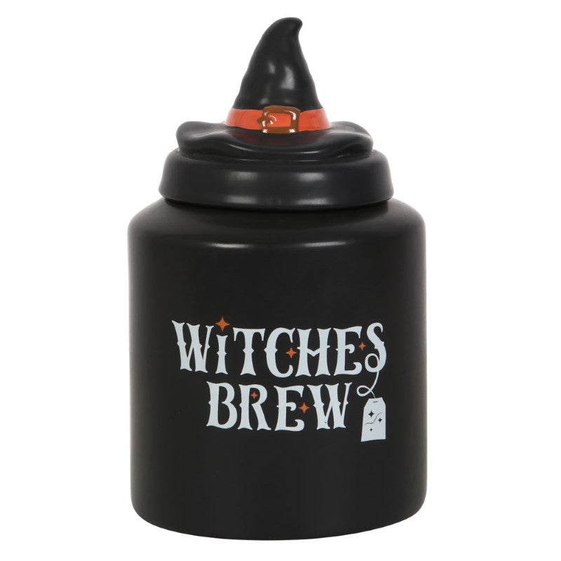 Whimsical Witches Brew Jar with a witch hat lid, perfect for teabags or trinkets, measuring 18x10.5x10 cm.