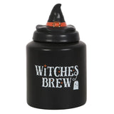 Whimsical Witches Brew Jar with a witch hat lid, perfect for teabags or trinkets, measuring 18x10.5x10 cm.