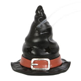 Witch Hat Incense Cone Burner with star cut-outs, emitting smoke; perfect for witchy decor and enhancing relaxation.
