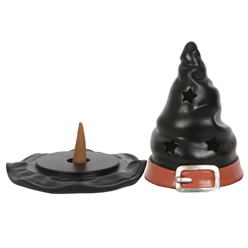 Witch Hat Incense Cone Burner: enchanting hat design with star cut-outs, perfect for ambiance, meditation, and Halloween decor.