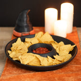 Witch Hat Chip & Dip Dish designed for Halloween, featuring a hat lid with a dip dish and a brim for chips and snacks.