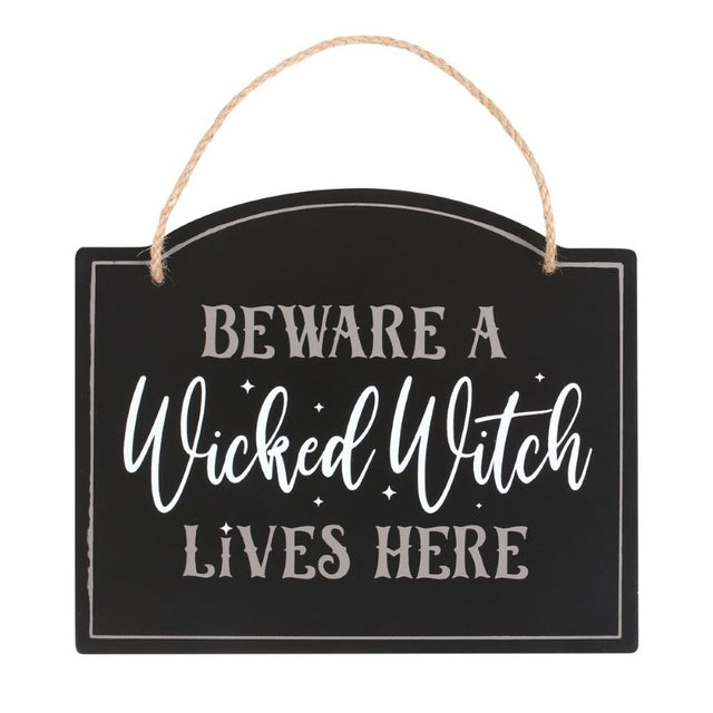 Whimsical Halloween sign reading "Beware a Wicked Witch Lives Here," ideal for decorating doors and entryways.