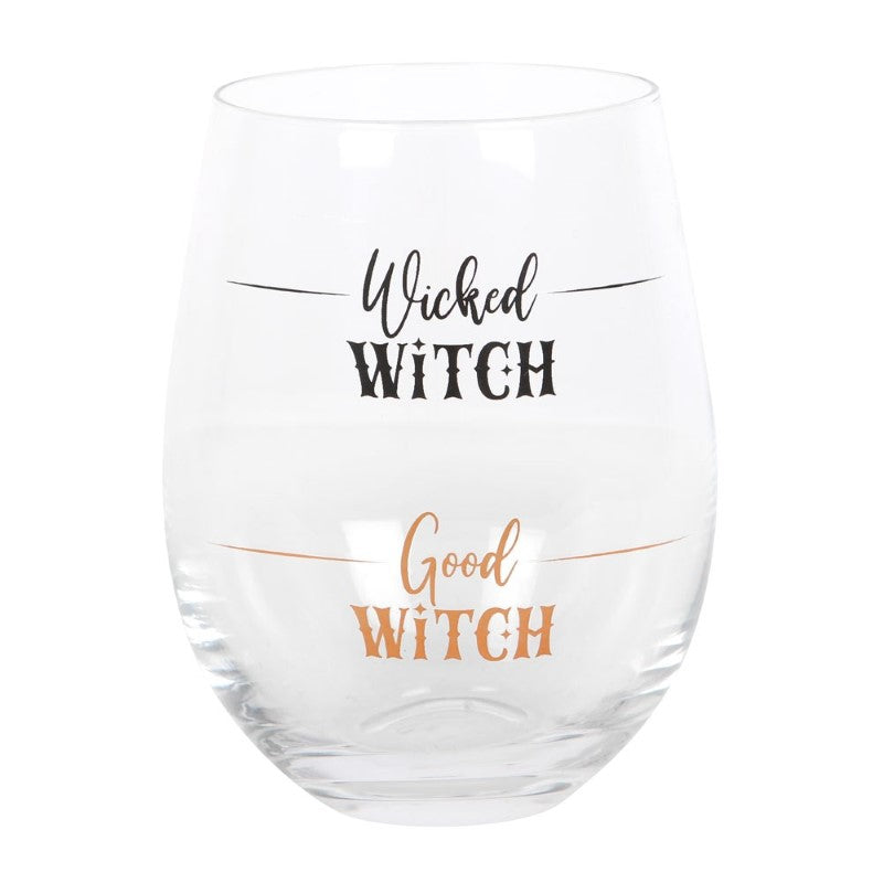 Stemless wine glass featuring 'Wicked Witch' and 'Good Witch' text, perfect for Halloween festivities and stylish sipping.