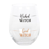 Stemless wine glass featuring 'Wicked Witch' and 'Good Witch' text, perfect for Halloween festivities and stylish sipping.