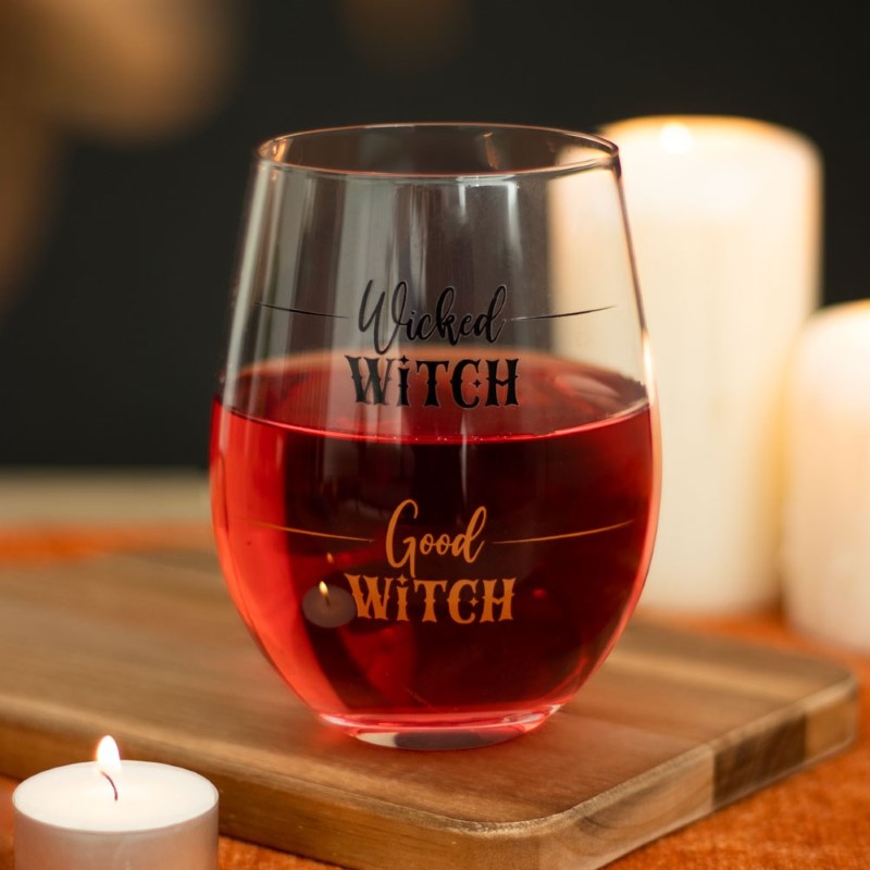 Wicked Witch Stemless Wine Glass featuring playful 'Wicked Witch' and 'Good Witch' text for stylish Halloween sipping.