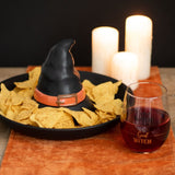 Wicked Witch Stemless Wine Glass with 'Wicked Witch' and 'Good Witch' text, perfect for sipping cocktails at Halloween parties.