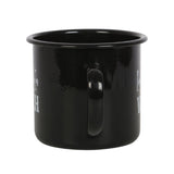 Black enamel mug with whimsical "I'm Secretly A Witch" text, perfect for Halloween and enjoying cozy beverages.