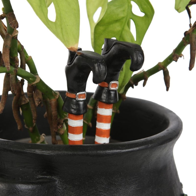 Whimsical resin witch legs with striped socks and black boots, perfect for enchanting planters and Halloween decor.
