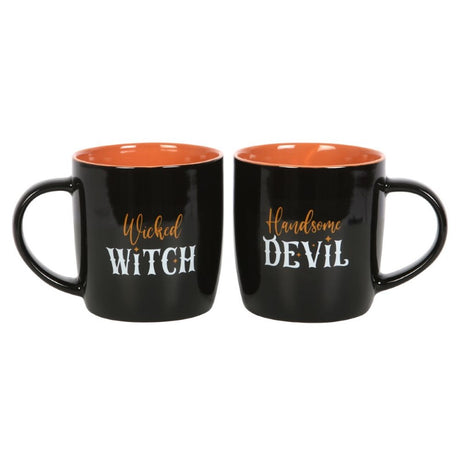 A whimsical mug set featuring 'Wicked Witch' and 'Handsome Devil' designs, perfect for Halloween couples' beverages.