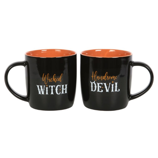 A whimsical mug set featuring 'Wicked Witch' and 'Handsome Devil' designs, perfect for Halloween couples' beverages.