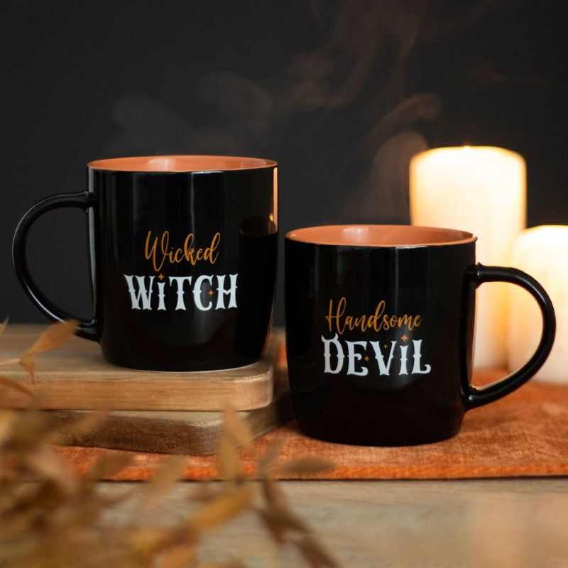 Whimsical Wicked Witch and Handsome Devil mugs, 500ml, perfect for Halloween sipping, microwave and dishwasher safe.