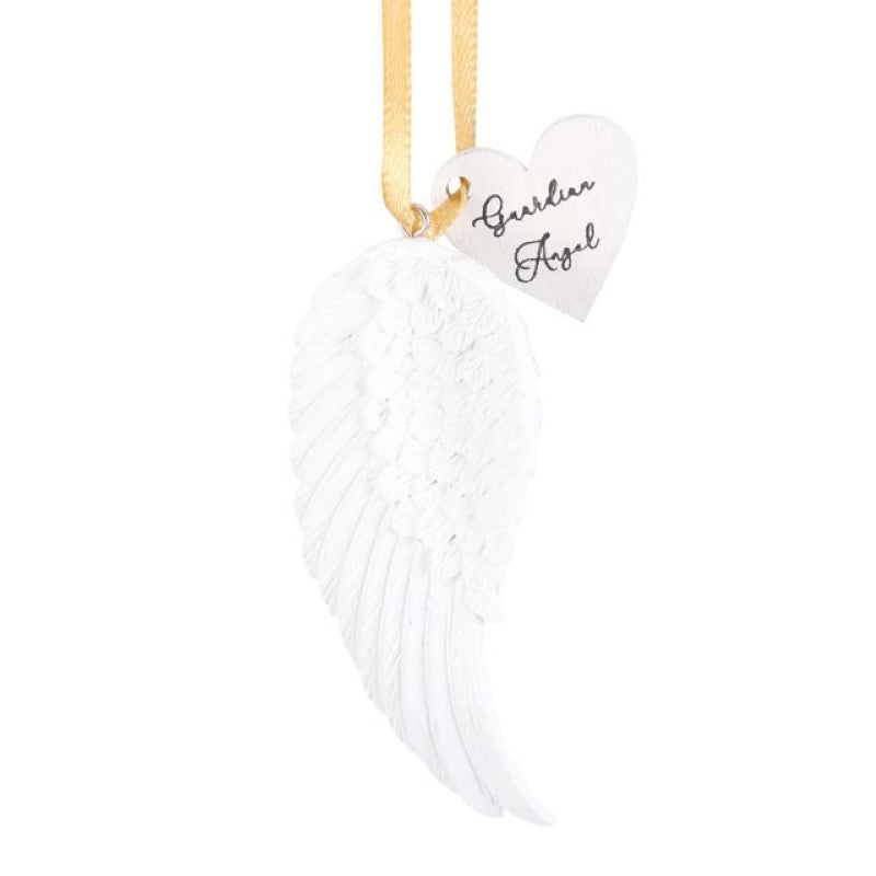 Guardian Angel Hanging Angel Wing decoration with gold ribbon, symbolizing protection and serenity, perfect for home or memorial.