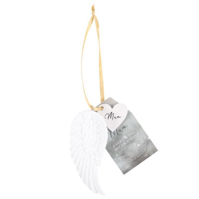 Delicate hanging angel wing ornament with gold ribbon, celebrating the love and nurturing spirit of mothers everywhere.