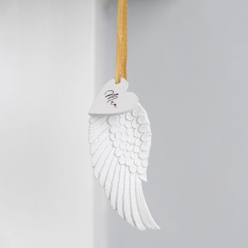 Mum Hanging Angel Wing ornament with gold ribbon, celebrating maternal love; perfect sentimental gift for special occasions.