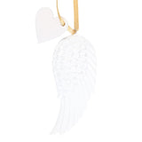 Delicate angel wing ornament in gold ribbon, celebrating friendship; perfect for home decor and meaningful gifting.