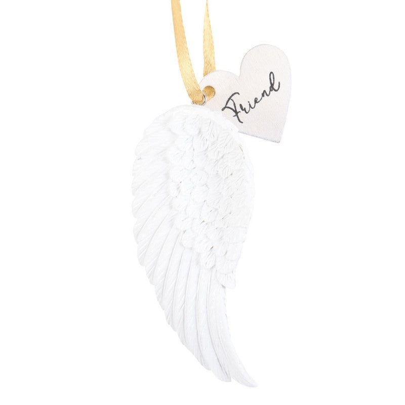 Delicate angel wing ornament with gold ribbon, symbolizing the cherished bond of friendship, ideal for home decor.