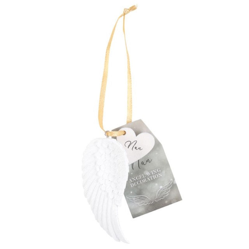 Delicate Nan Hanging Angel Wing ornament with gold ribbon, celebrating grandmotherly love and nurturing spirit.