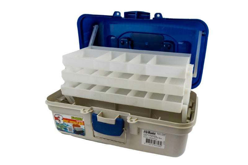 Pro Hunter Three Tray Tackle Box in Blue & Grey with 3 cantilevered trays and 20 compartments for organized fishing gear.