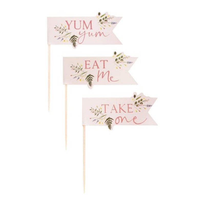 Afternoon tea cupcake toppers featuring 'Eat Me', 'Yum Yum', and 'Take One' designs, perfect for elegant dessert displays.