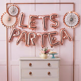 Rose gold balloon bunting featuring 13 letters, perfect for elevating your afternoon tea party decoration.