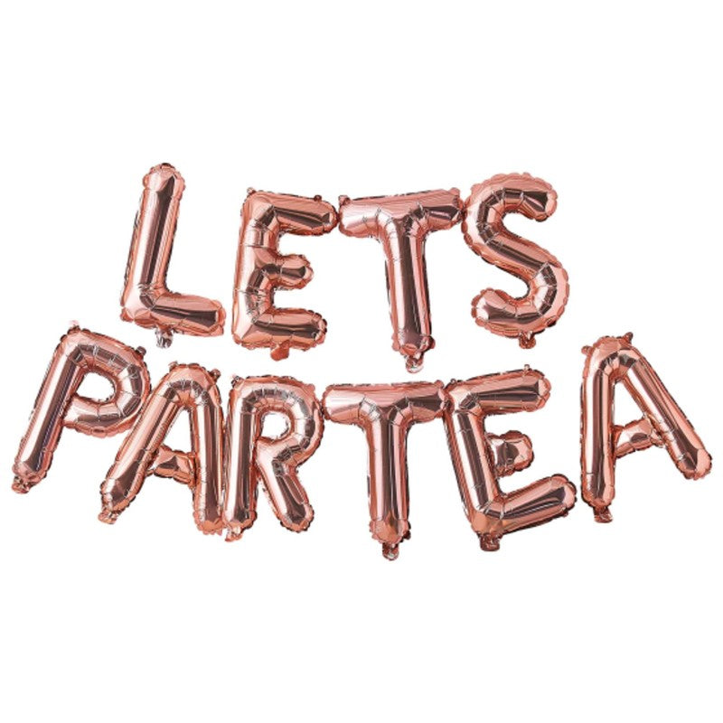 Rose gold balloon bunting spelling "Lets Partea," perfect for tea parties and celebrations, measuring 2m long.