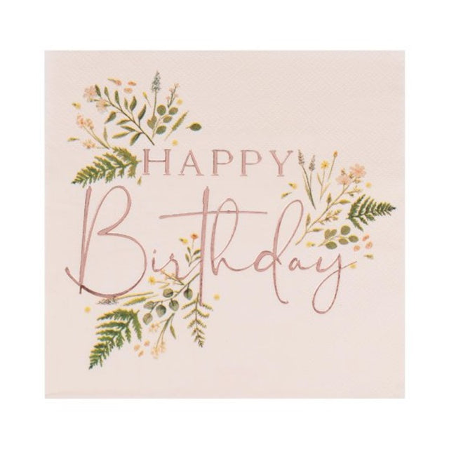 Floral pink birthday napkins featuring a charming botanical design, perfect for elevating party decor at celebrations.