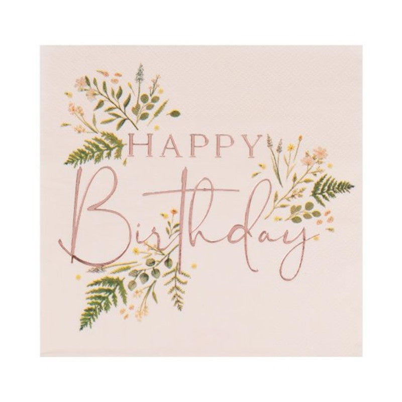 Floral Pink Happy Birthday Napkins - Pack of 16