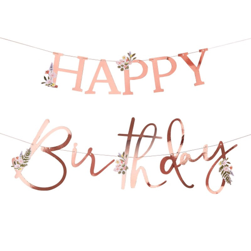 Floral Rose Gold Happy Birthday Banner 4m