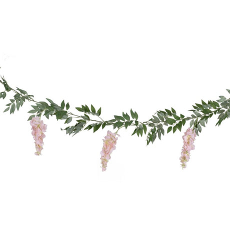 Blush pink and green faux wisteria garland, 1.8m, perfect for romantic decor and event styling. Durable and versatile.