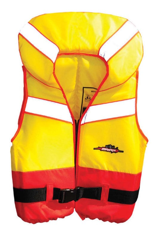 Menace Triton Life Jacket for adults, Large size, features heavy-duty straps, large armholes, and essential safety whistle.