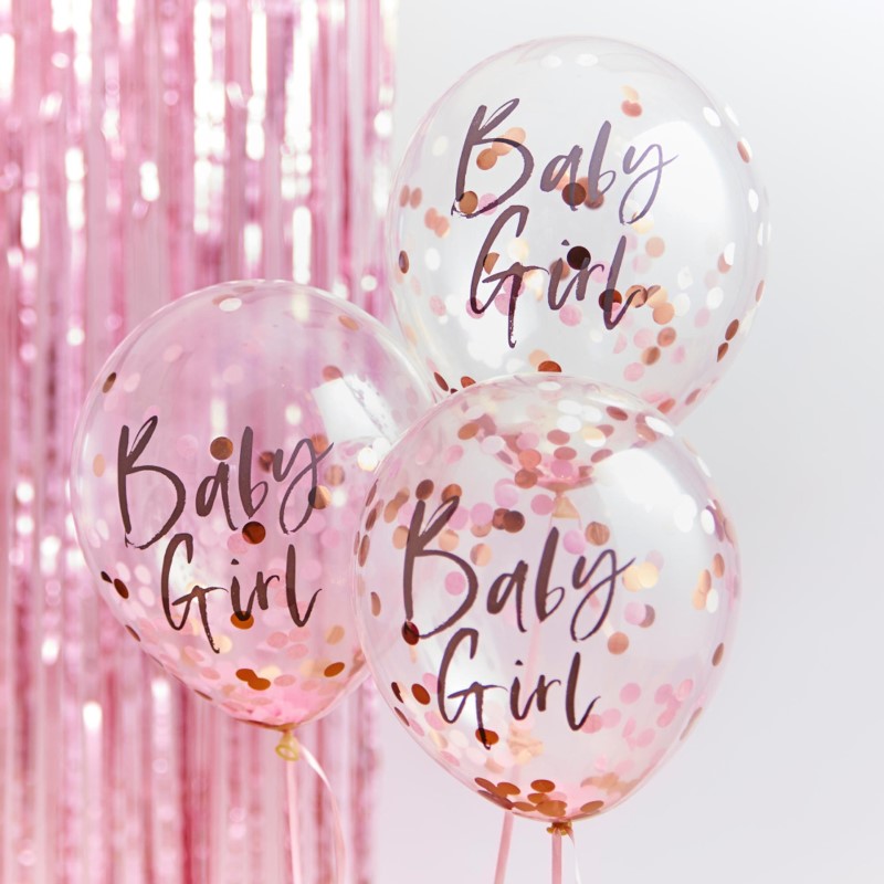 Pink confetti-filled balloons for baby girl shower, adding sparkle and joy to celebrations, pack of 5, 30cm size.