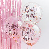 Pink confetti-filled balloons for baby girl shower, adding sparkle and joy to celebrations, pack of 5, 30cm size.