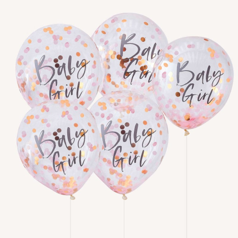 Pink baby shower balloons with confetti, perfect for celebrating a baby girl; pack of 5, 30cm size.