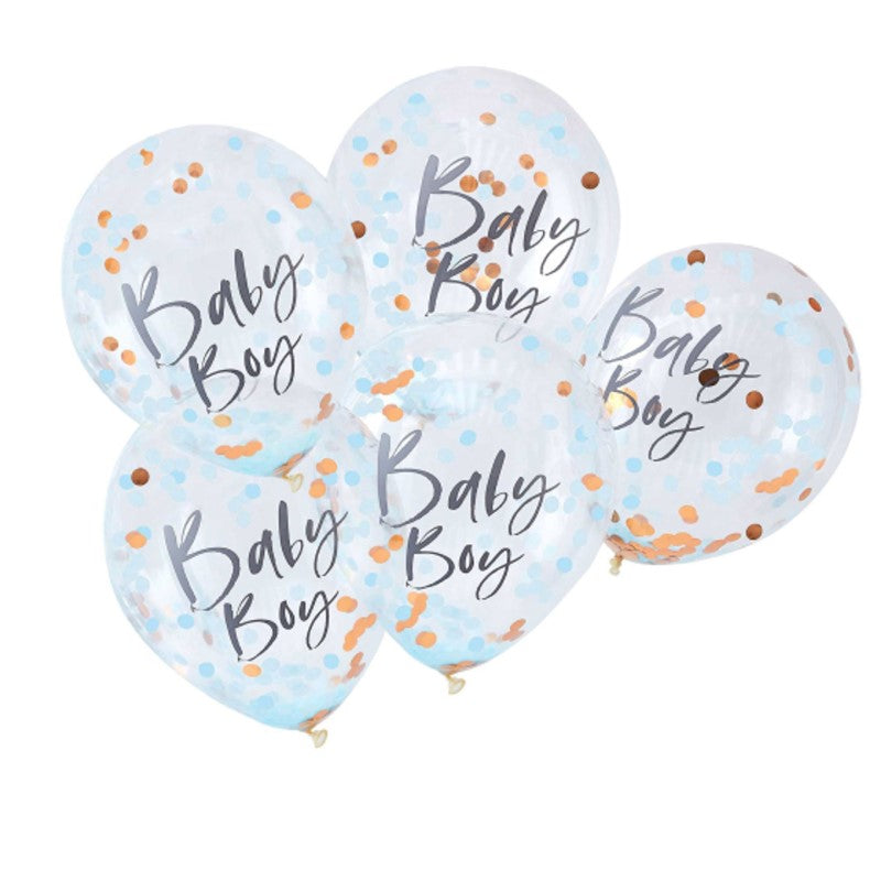 Pack of 5 blue baby boy confetti balloons, 12 inches, featuring blue and rose gold confetti for a festive baby shower.