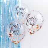 Pack of 5 blue baby shower confetti balloons with rose gold accents, perfect for decorating and celebrating a baby boy's arrival.