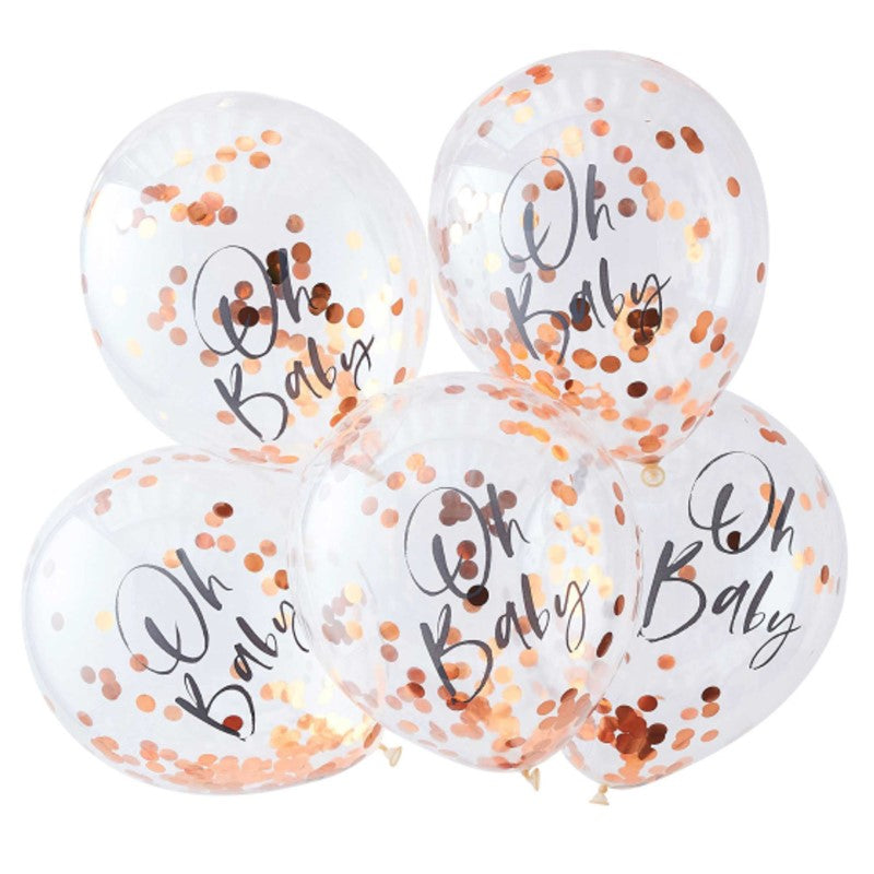 Pack of 5 rose gold 'Oh Baby' confetti balloons ideal for elegant baby showers, made of latex and foil, 30cm size.