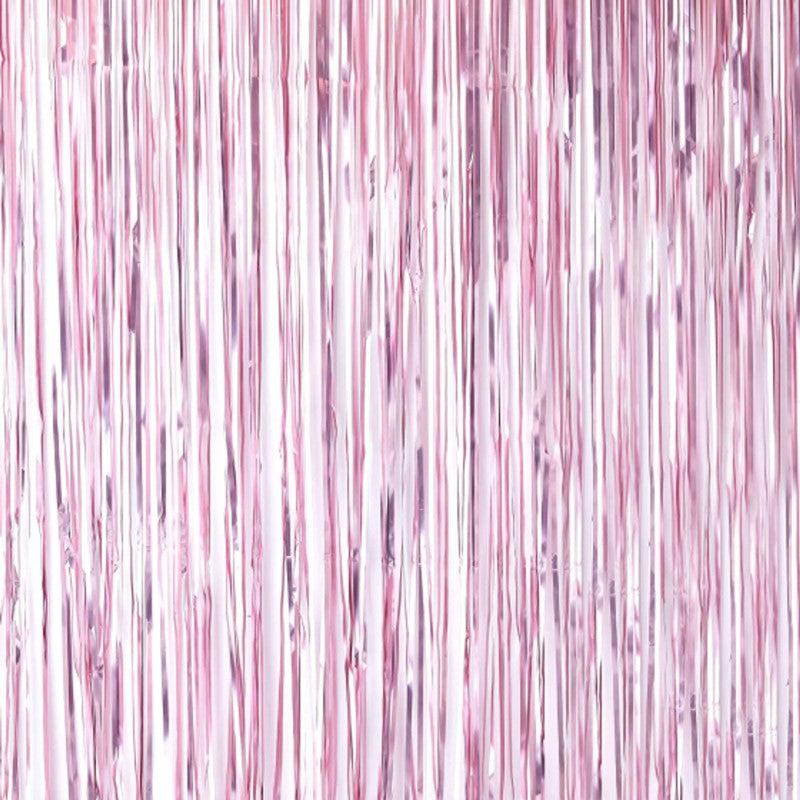 Matte pink fringe curtain backdrop, 2.2m high, perfect for parties and photo ops with glamorous foil design.