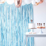 Matte blue fringe curtain backdrop, 2.2m high, adds style and shimmer for event photo ops and decor. Perfect for celebrations.