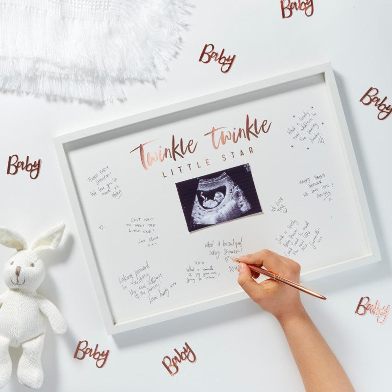 Elegant Baby Scan Frame for guest signatures, featuring rose gold foil, perfect for creating lasting baby shower memories.