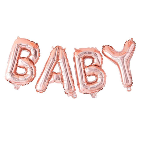 Rose gold foil balloon bunting spelling 'Baby,' perfect for stylish baby shower decor and celebrations.